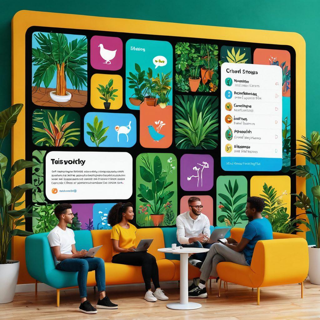 A vibrant blog interface featuring a diverse group of people engaging in animated discussions around a central digital screen displaying blog posts. The environment is lively with plants and colorful artworks, promoting a sense of community and interaction. Include elements like chat bubbles, icons of social media, and a comfortable seating area to symbolize dialogue and connectivity. super-realistic. vibrant colors. 3D.