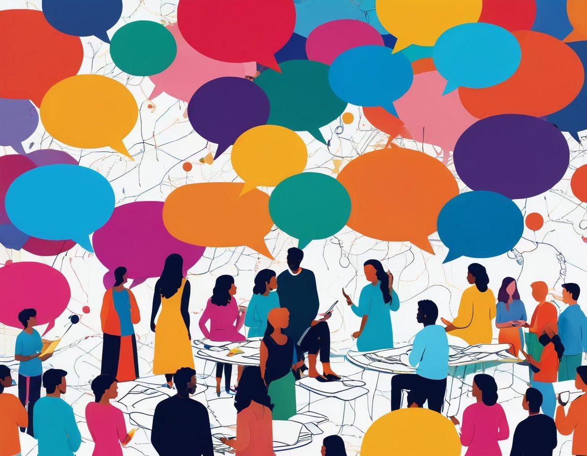 A dynamic digital landscape representing an online community, featuring diverse individuals engaging in discussions, exchanging ideas through colorful speech bubbles, and expressing creativity through art and writing. The scene should be filled with vibrant colors and interconnected nodes to symbolize connectivity, with a background that feels immersive and inviting. super-realistic. vibrant colors. digital art.