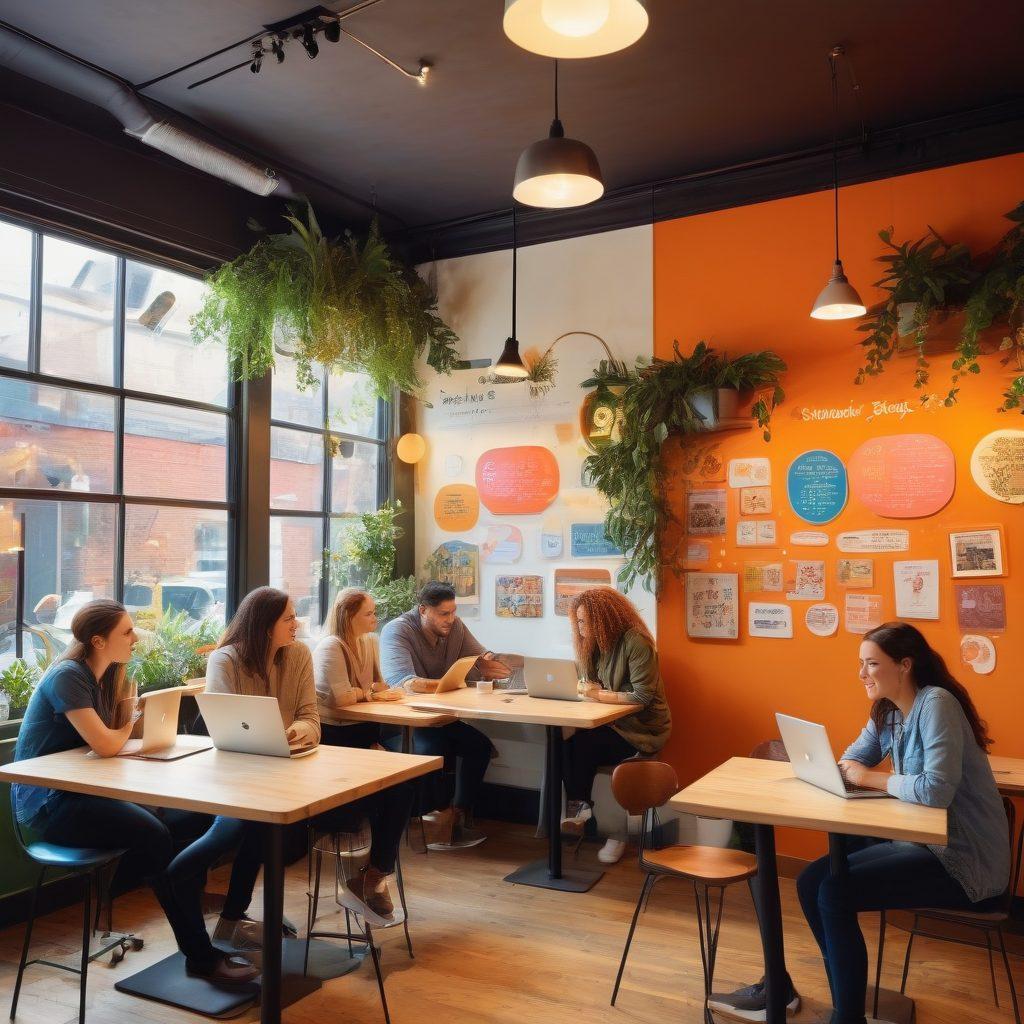 A vibrant coffee shop scene where a diverse group of people are animatedly discussing and sharing ideas over laptops and notebooks. The atmosphere is lively, with colorful artwork on the walls, plants in the background, and a warm, inviting ambiance. Include thought bubbles above their heads with creative symbols and keywords highlighting engagement and meaningful conversations. super-realistic. bright colors. warm tones.